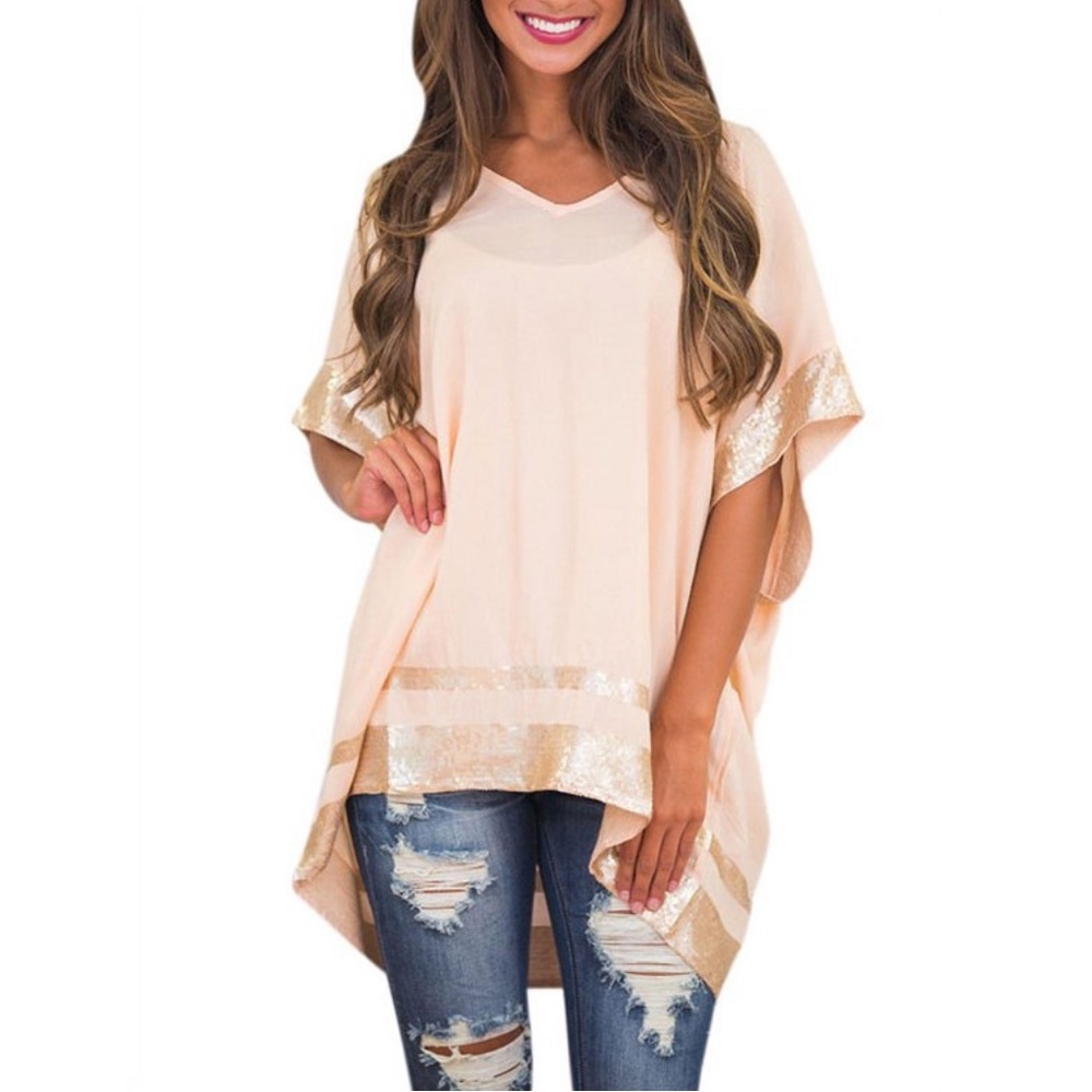 Women Short Sleeve Sequins Asymmetric Hem Blouse Top